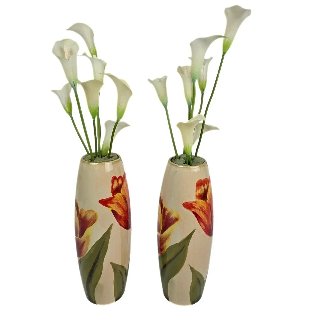 Carolina Pottery 80159 Ceramic Tulip Vases Pair Red Yellow Floral 12.5 Inch Tall
